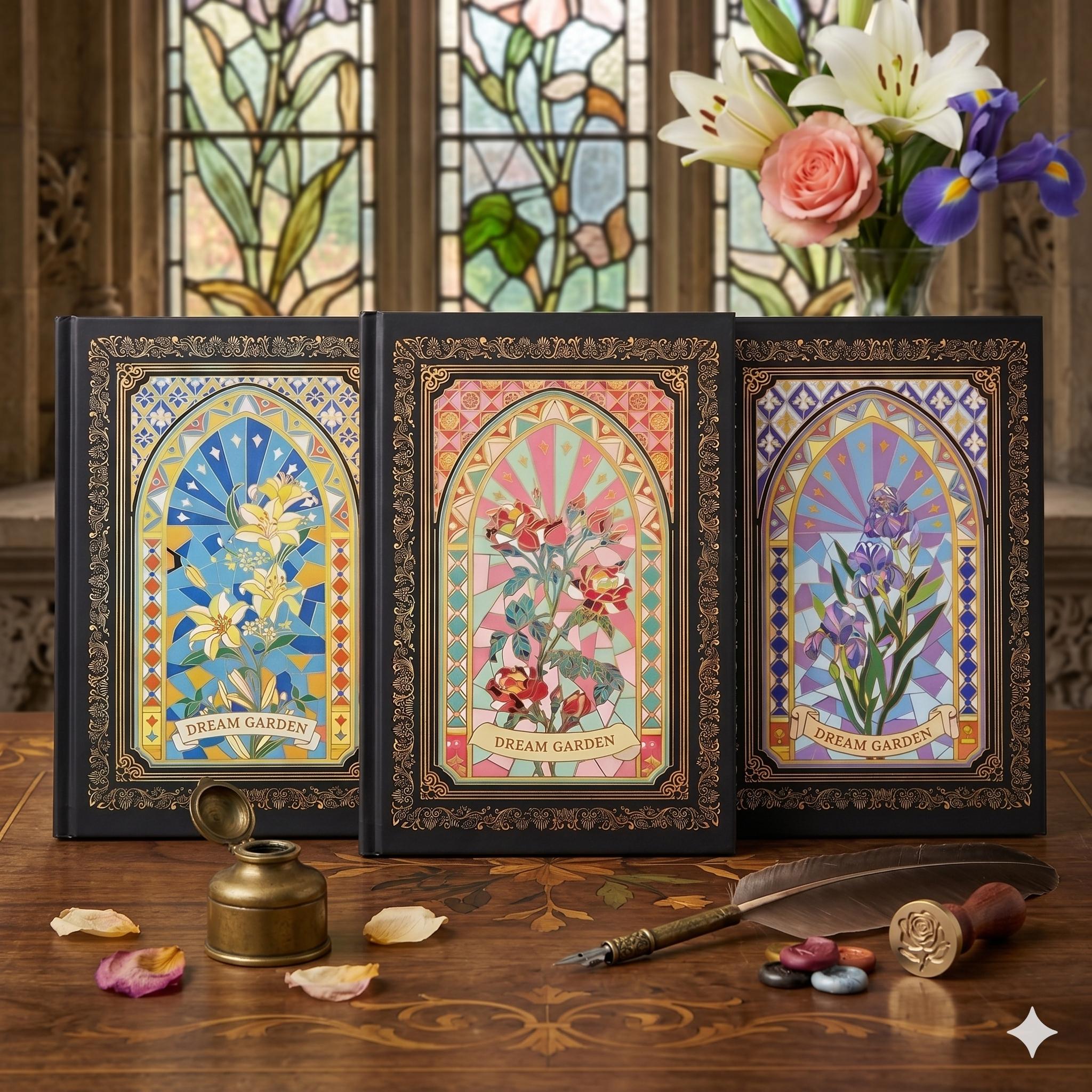 Libretas Pasta Dura "Dream Garden" Premium Estilo Vitral con Bordes Dorados