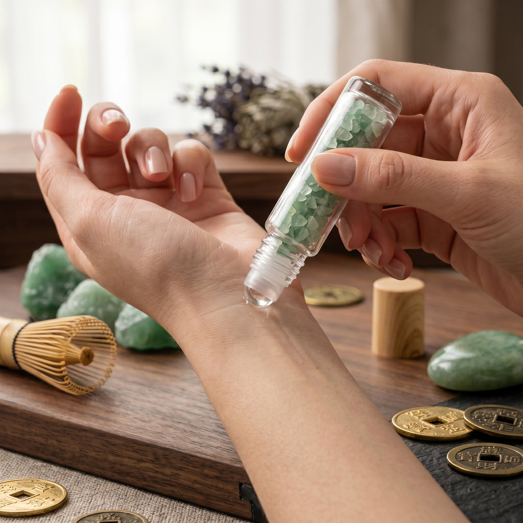 Perfume Esotérico de Abundancia | Roll-On con Cuarzo Verde y Aroma Matcha, Rellenable.