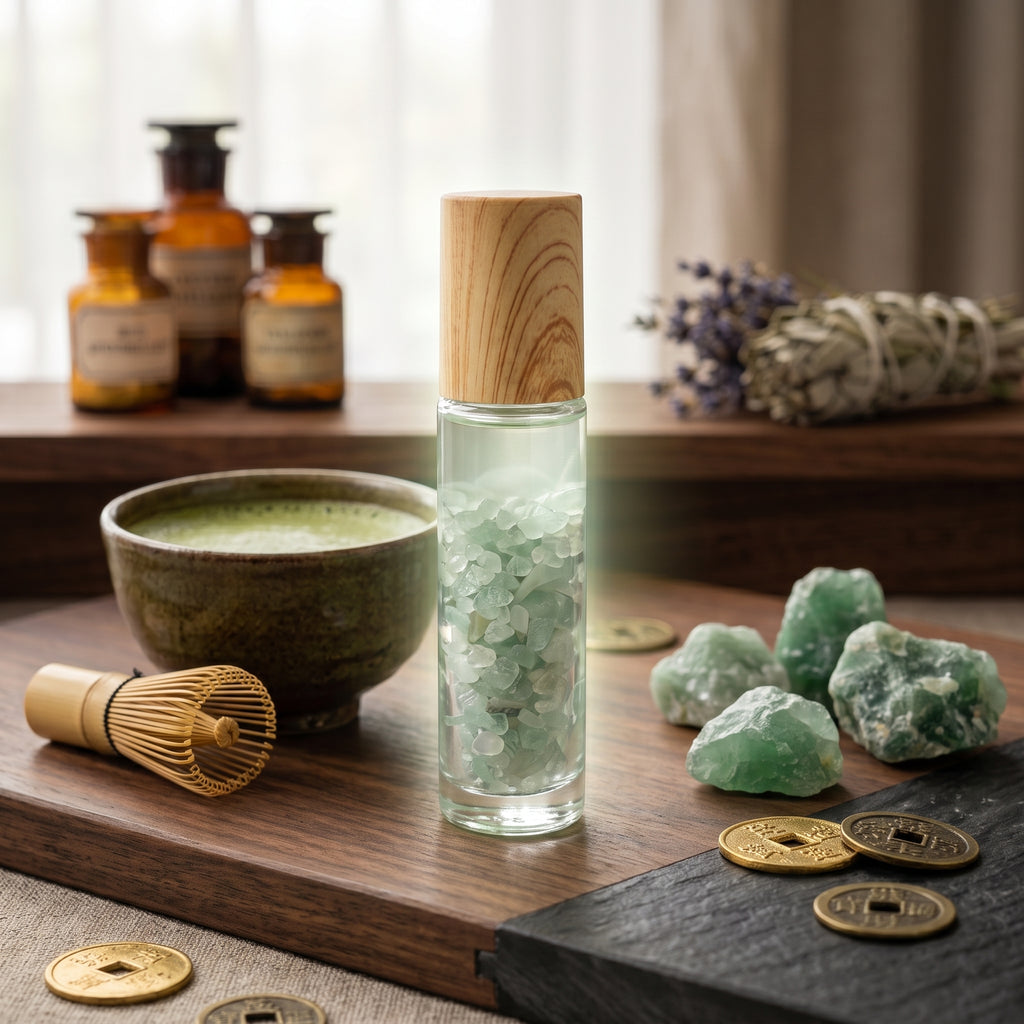Perfume Esotérico de Abundancia | Roll-On con Cuarzo Verde y Aroma Matcha, Rellenable.