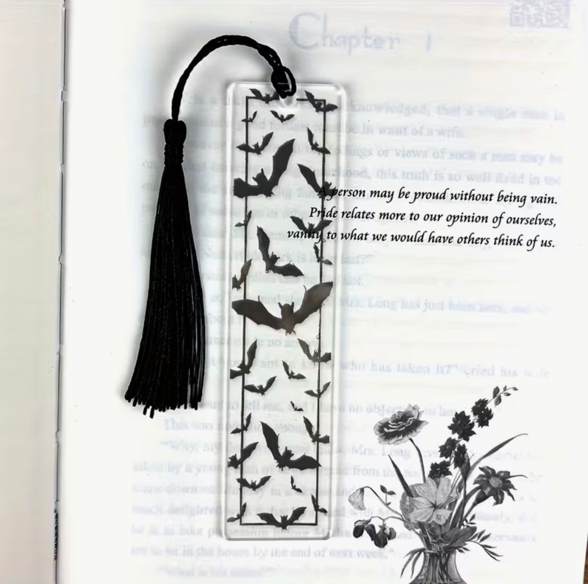Separador de Libros Gótico de Acrílico "Vuelo Nocturno" | Diseño Murciélagos con Cuerda de Estoperoles Premium